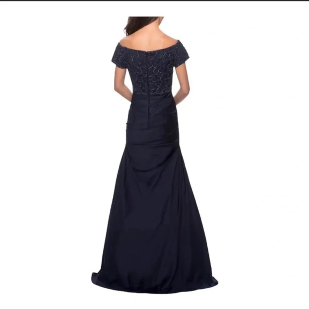La Femme Satin Off the Shoulder Dress with Beaded Sleeves‎ - Picture 2 of 8